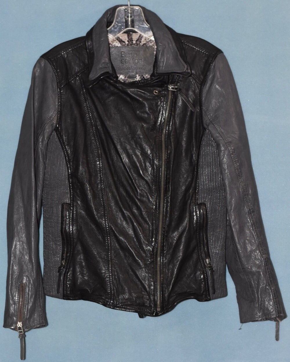 Bano eeMee Black & Gray Leather Moto Style Jacket Size 6